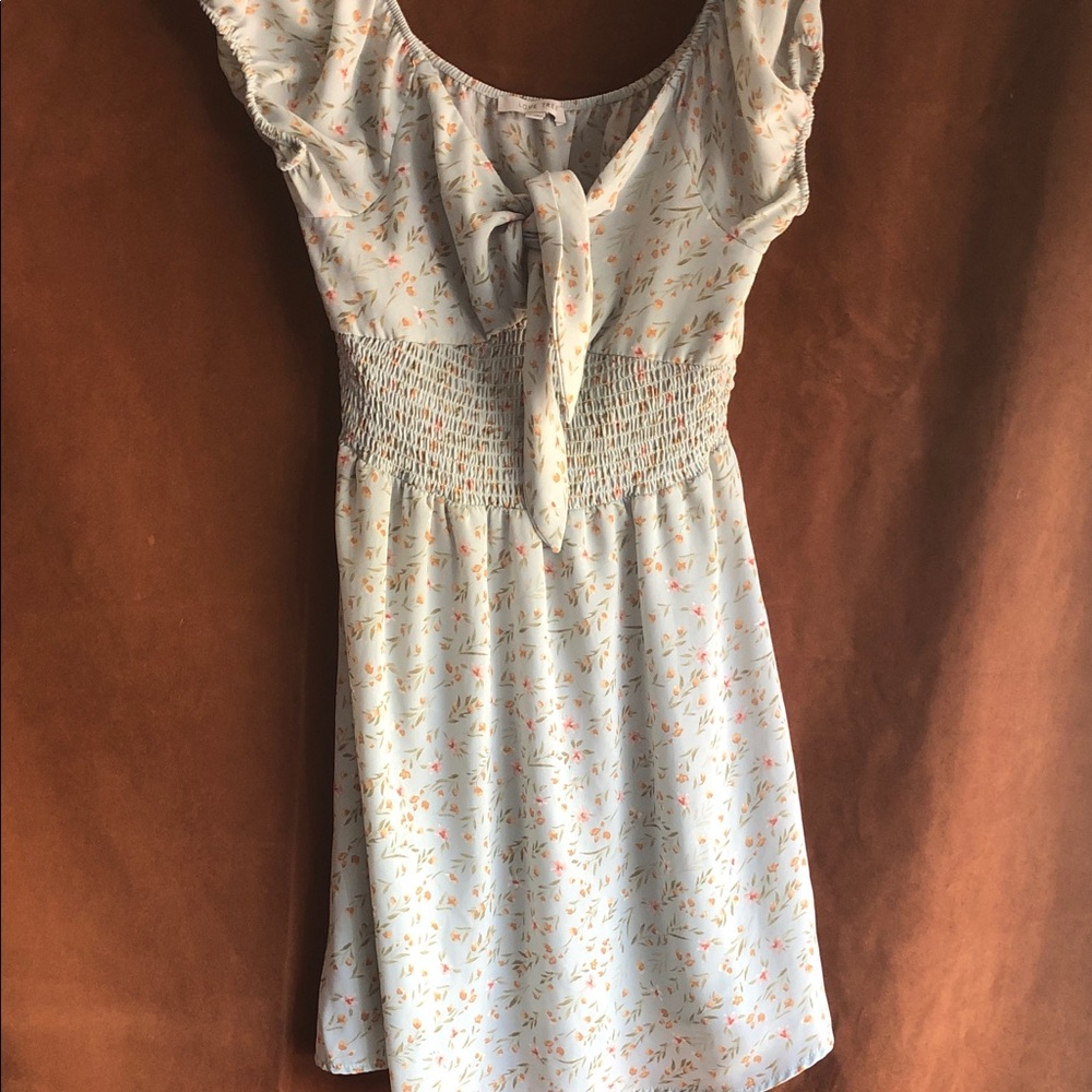 Love Tree Pale Blue Floral Tie-Front Smocked Midi Dress